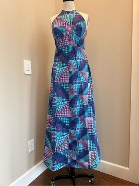 Otaheite Vintage Disco Halter Maxi Dress in Blue & Teal